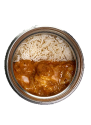 small insulated container that holds curry and rice