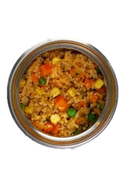 small insulated container that holds fried rice